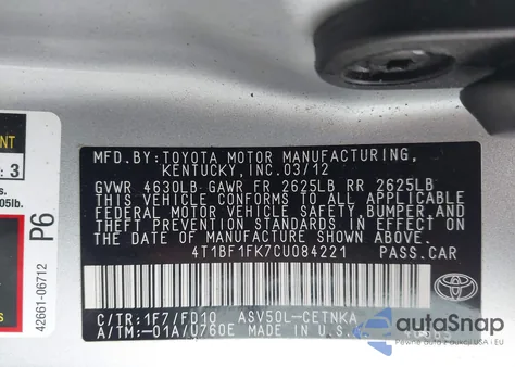 2012 Toyota Camry Le z USA, uszkodzony, nr VIN 4T1BF1FK7CU084221